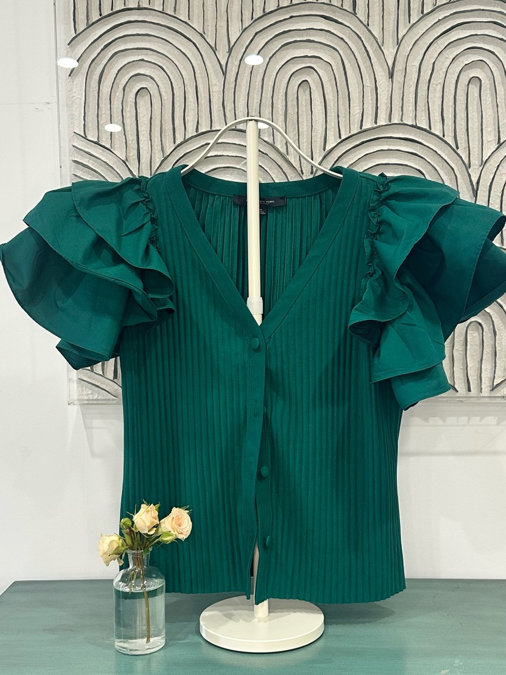 Ruffled V-Neck Emerald Green Button-Front Blouse
